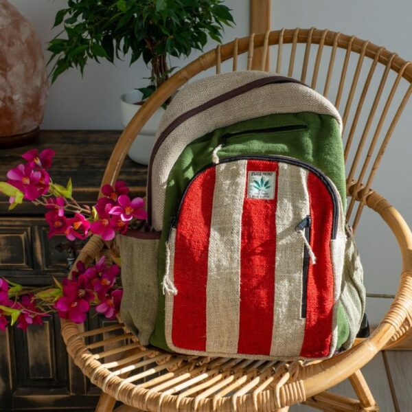 Hennep Rugtas Bohemian Groen/Rood gestreept met 3 voorvakken (42x30x8cm) 1