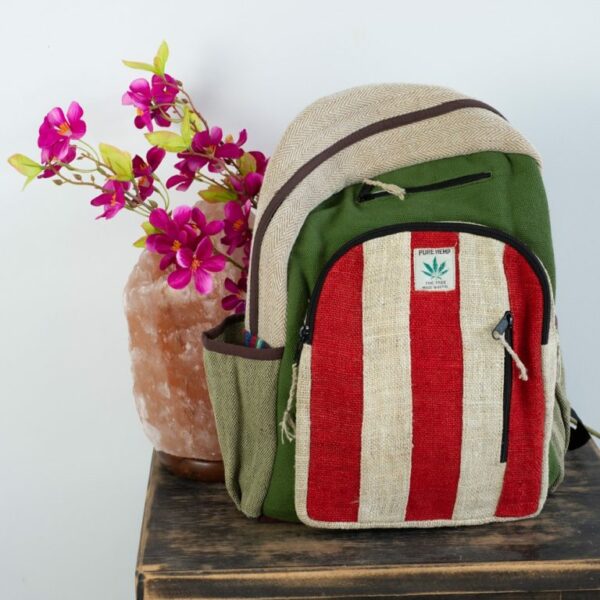 Hennep Rugtas Bohemian Groen/Rood gestreept met 3 voorvakken (42x30x8cm) - Afbeelding 3