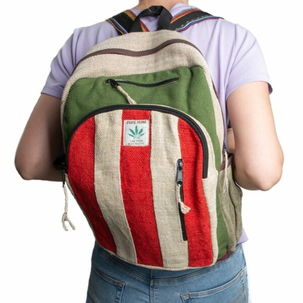 Hennep Rugtas Bohemian Groen/Rood gestreept met 3 voorvakken (42x30x8cm) - Afbeelding 6
